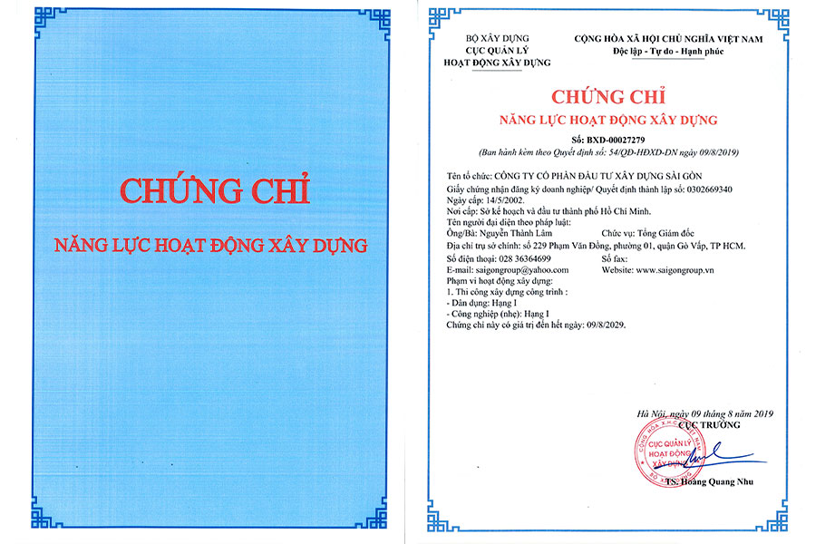 Chứng chỉ hạng I trong lĩnh vực xây dựng dân dụng & công nghiệp