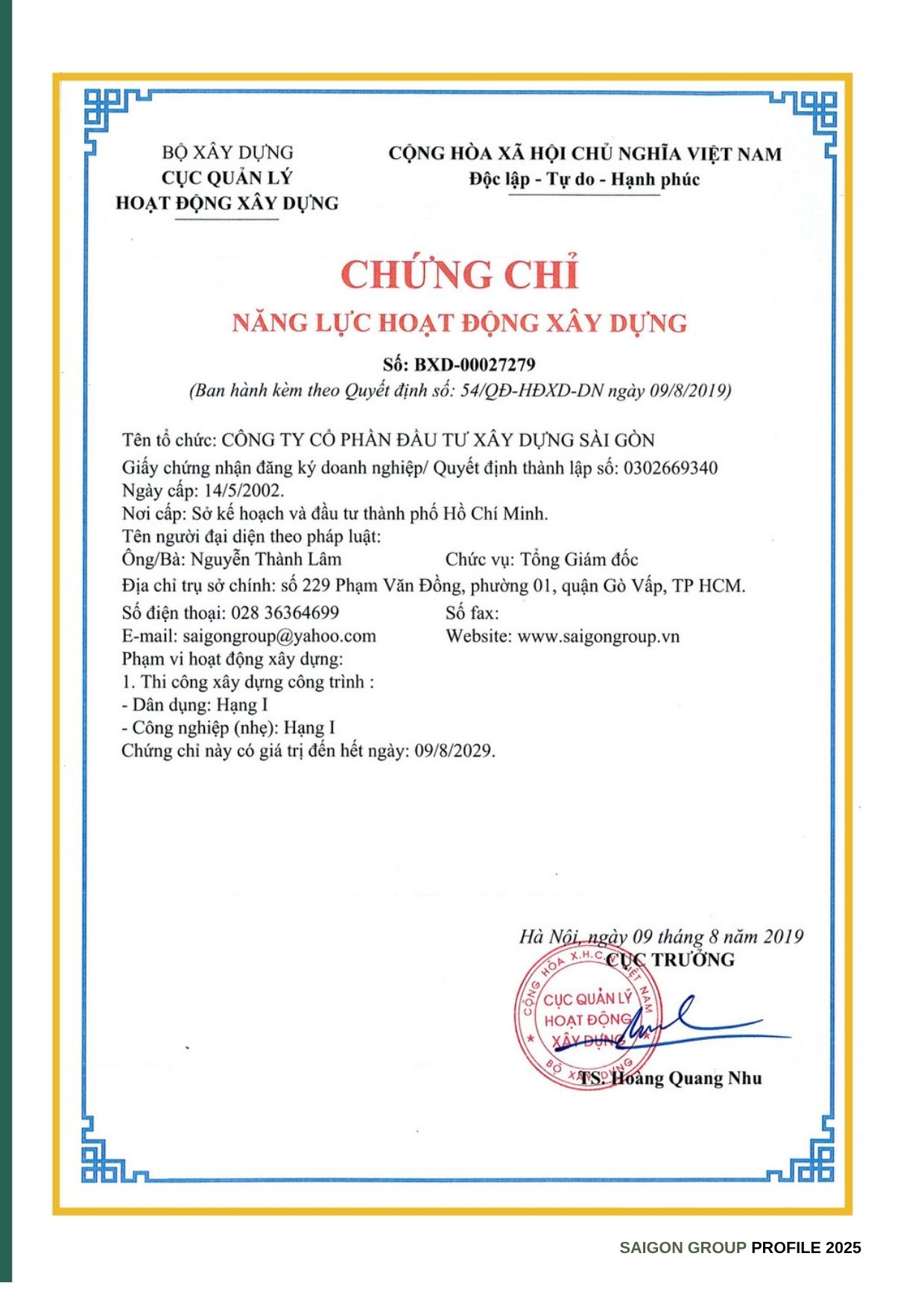 Chứng chỉ hạng I trong lĩnh vực xây dựng dân dụng & công nghiệp